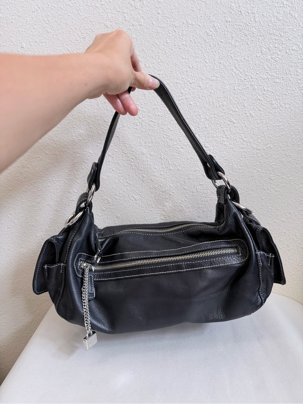 Vintage Perlina Y2K Black Leather Shoulder Bag Silver Tone Hardware Korea